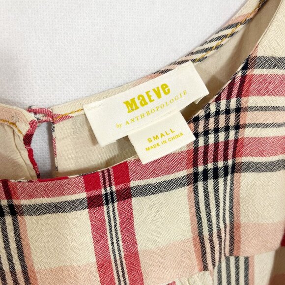 Anthropologie Maeve Priscilla Plaid Flutter Sleeve Top Tan Red - Size Small - Picture 3 of 6